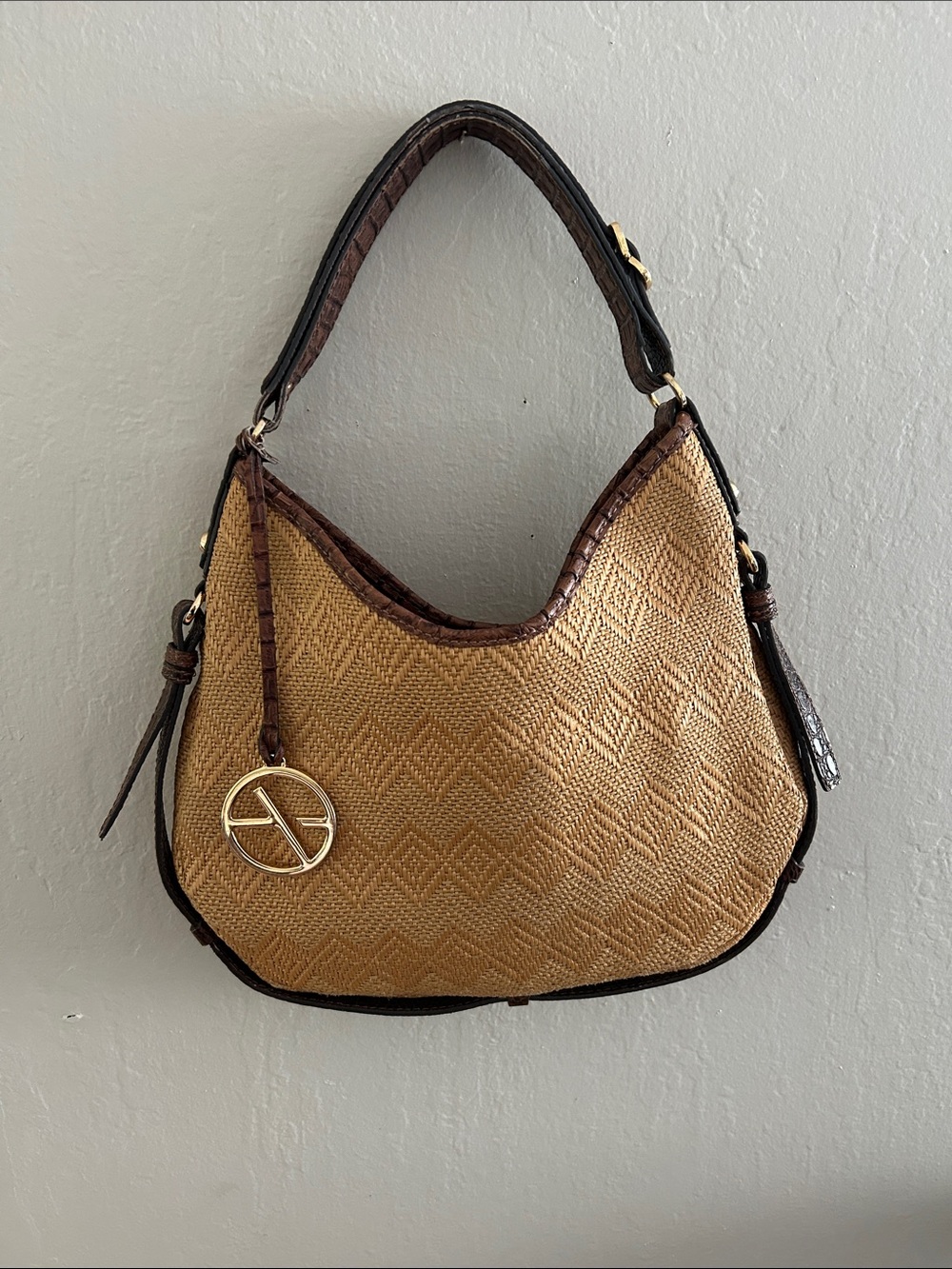 Woven Straw Shoulder Bag with Brown Trim by Michael Kors